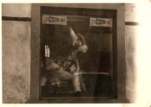 vetrina storica della salumeria Bonicelli con una mucca gonfiabile
